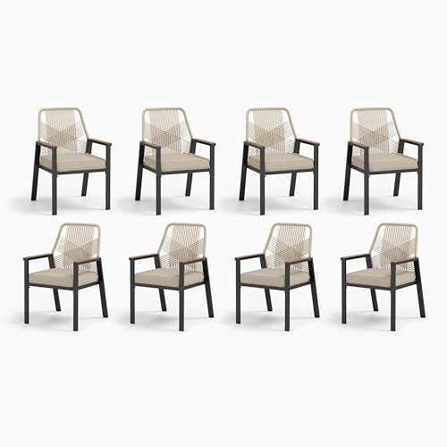 Patio Wicker Chair Sets of 8, Outdoor Dining Chairs with 3.1 inch Seat Cushions, Sturdy Metal Frame & Wood Grain Armrest, Patio Dining Chairs for Porch Backyard, Beige