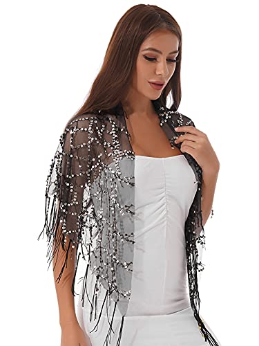Women Sequin Tassel See-through Mesh Shawl Evening Party Wraps Cover Ups Fringed Scarf Outerwar3