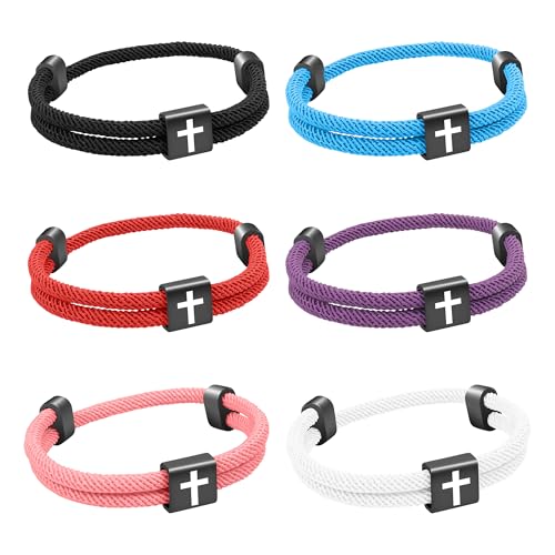 6PCS Christian Jesus Cross Rope Bracelet, Braided Cord Bracelet for Men Women, Nautical Surf Beach Bracelets Gifts Set for Sports, Handmade Woven String Bracelets with Adjustable Knot