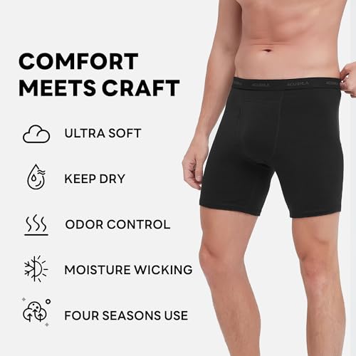 ACUSHLA Merino Wool Boxer Briefs for Men - Breathable Soft Odor Control Base Layer Underwear Long-leg and Trunk Underpants, Black M2