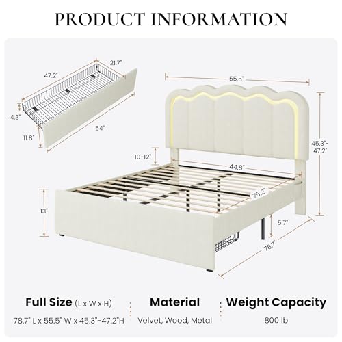 SHA CERLIN Full Size Bed Frame with LED Lights and Storage Drawer, Cream - Image 2