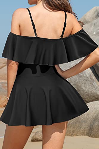 SHEKINI Women's Off-Shoulder Ruffled Flounce Swim Skirt Ruched One Piece Swimdress3