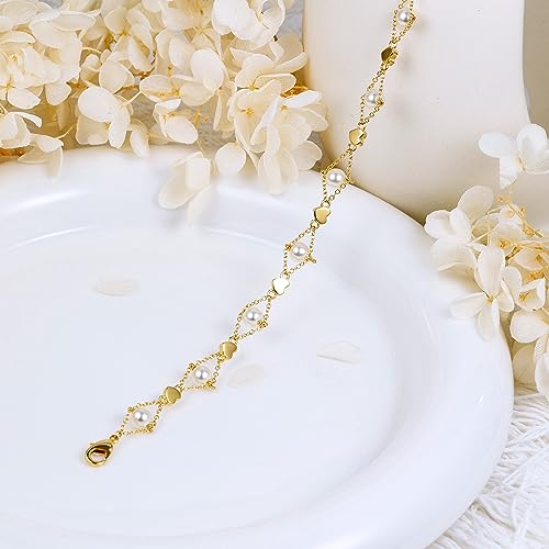 Image of Gold Pearl Bracelet for Women, REAL 14K Gold Plated Double Layered Dainty Pearls Bracelet, Elegant Stackable Flower Jewelry Gift for Her with OT Clasp
