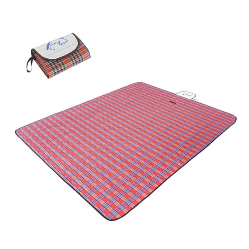 Wind Tour Waterproof Picnic Blanket with Carry Strap - Foldable Sandproof Outdoor Mat for Camping, Beach, Park - 59" x 71",Red (Single Mat)