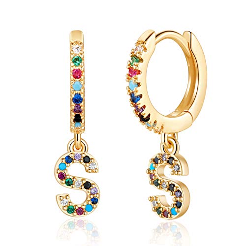 S Earrings for Women, Hypoallergenic CZ Initial Hoop Earrings Alphabet Earrings for Kids, 14K Gold Plated Cubic Zirconia Monogram Earrings Initial