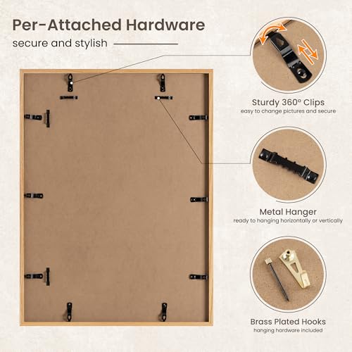 Image of FLYJOE 18x24 Oak Wood Picture Frame with Mat for 16x20, 18 by 24 USA-Sourced Natural Solid Wooden Poster Frame for Wall Display, Tempered Real Glass, Hanging Hardware Included, 3 Pack, Natural