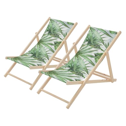 ECD Germany Lot de 2 Chaises Longues Pliantes en Bois Chiliennes, Motif Palmier, Vert-Blanc,...