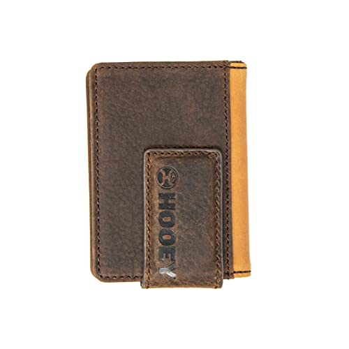 Image of HOOEY Grayson Men's Leather Bifold Money Clip Wallet - Brown & Tan Genuine Distressed Leather, Hand Tooled Western Filigree, Slim Bifold with ID Window & Card Slots