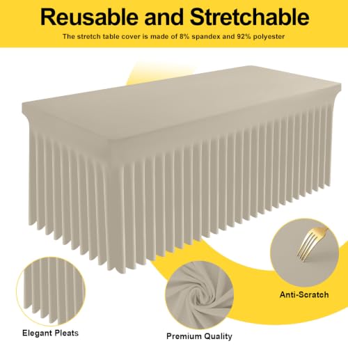 Image of Smiry Spandex Elastic Fitted Table Cloth Skirt for 4FT Rectangle Table | Stretch Washable Table Cloth, Banquet Table Cover for Wedding, Party, Indoor & Trade Shows, (Taupe, 48Lx30Wx30H)