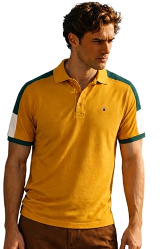 Image of Louis Philippe Men's Slim Fit Premium High-End Pique in Superior Cotton Cut & Sew Design Color Block Shoulder Half Sleeve Polo Tshirt
