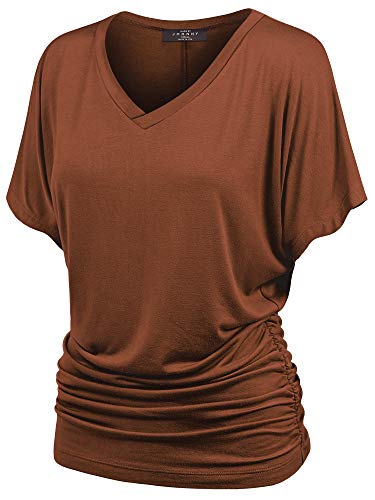 Made By Johnny MBJ WT1037 V Neck Short Sleeve Dolman Top with Side Shirring XL Rust