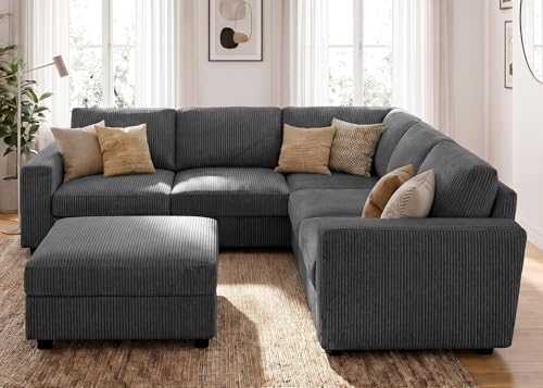 Image of HONBAY Sectional Sofa, 6 Seater L-Shaped Sectional Couch with Storage Ottoman for Living Room, Dark Grey
