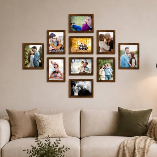 Image of Art Street Collage Photo Frame Set of 10 for Wall Decoration | Brown Synthetic Wood Frames | Family, Couple & Memory Gallery Wall Frame Set for Living Room, Bedroom & Hall
