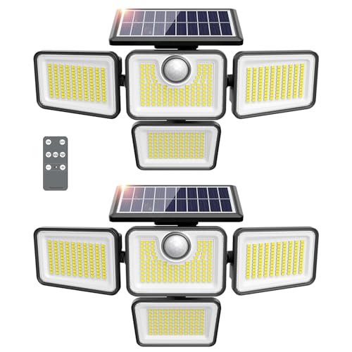 Image of omibee 4500LM Solar Lights Outdoor, 4 Adjustable Heads Motion Sensor Lights, 3 Mode, 6500K, IP65 Waterproof Solar Security Wall Lights, Remote Control Flood Lights, Graden, Outside, Backyard, 2 Pack