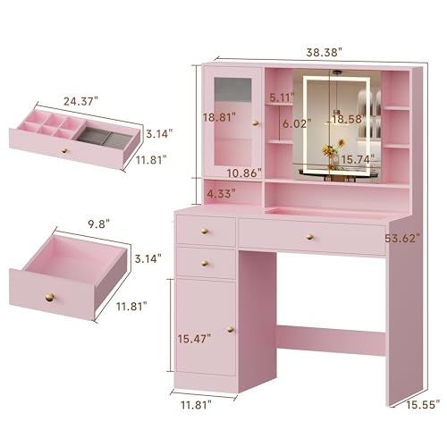 Image of HUANLEGO Vanity Desk with Mirror and Lights, Pink Vanity with Lighted Mirror and RGB Cabinet & Jewelry Organizers, Makeup Vanity Desk with Lights, Glass Top Dressing Table for Girls Bedroom