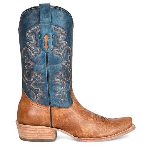 CORRAL MEN'S SAND/NAVY BLUE EMBROIDERY HORSEMAN TOE, LEATHER WITH RUBBER INSERT SOLE, WESTERN A4378