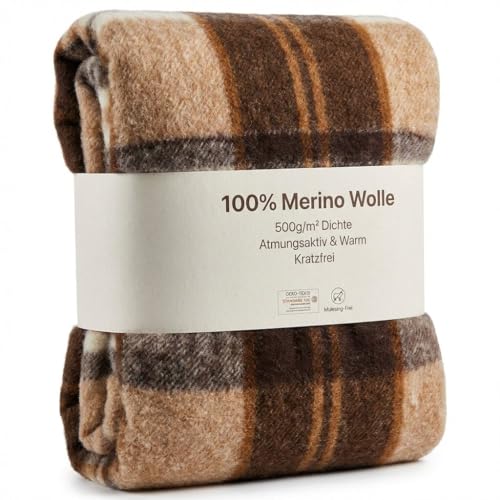 Wool & Home Merino Wolldecke 140x200 cm Kuscheldecke aus 100% Merinowolle Muster Karo Gewicht 500 g/m Atmungsaktiv und Langlebig