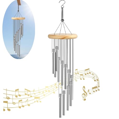 ZHAOYCSH 12-TLG. Windspiele aus Aluminiumrohren (55cm/21.7 Zoll),Silberfarbene Windspiel für Garten, Terrasse und Draußen,Melodische Wind Chimes mit sanftem Klang für Außenbereich & Heimdekoration