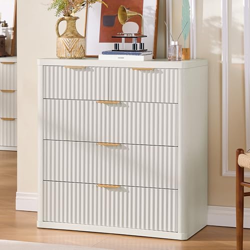 Image of LEYAOYAO Fluted 5 Drawers Dresser for Bedroom Set of 2, 34 inch Tall Modern Chest of Drawers with Metal Handle, Curved Profile Design,White Wood Drawer Organizer for Bedroom, Living Room, Hallway