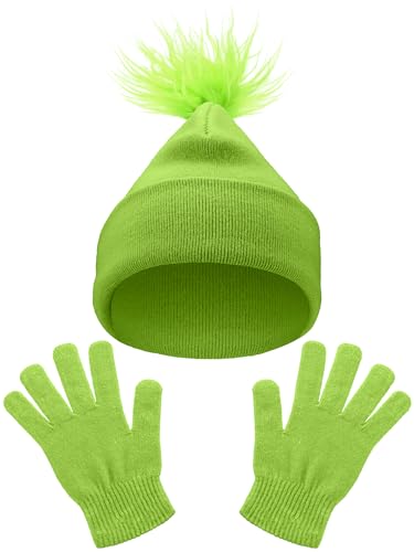Image of Hicarer Christmas Cosplay Pom Beanie and Gloves Set Neon Green Knitted Winter Cuffed Beanie Cap Gloves Kit for Women Men Xmas Party