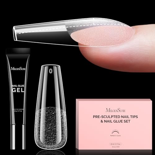 Image of MelodySusie Long Coffin Gel Nail Tips Kit-300Pcs Pre-Building Apex Fake Nail Tips 20g Solid Nail Glue Gel,Half Matte Full Cover Clear Acrylic Nail,15Sizes Thick Strong Long Lasting for Home DIY&Salon