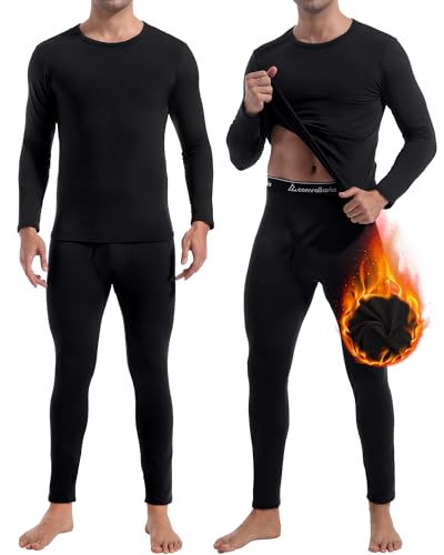 2 Pack Long Johns Thermal Underwear for Men Soft Fleece Lined Base Layer Cold Weather Set Winter Bottom Top, X-Large, Crew Neck-Black and Black