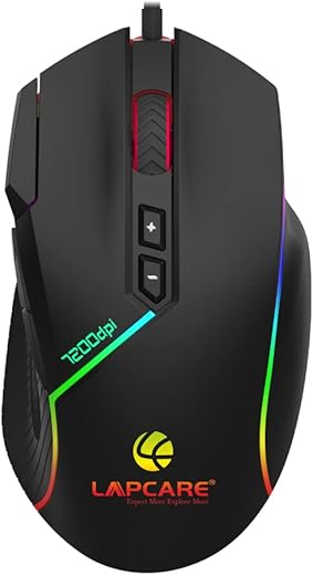 Lapcare Champ LGM-108 Gaming Mouse, 8 Buttons, 6 Customizable DPI Levels Upto 7200 DPI, 7 Circular & Breathing LED Light, Wired Mouse (Black)