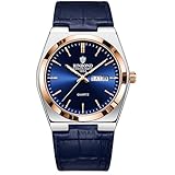 Relógio de masculino com pulseira em couro azul movimento de quartzo