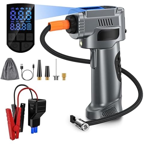 Cordless Tire Inflator Portable Air Compressor-4000A Jump Starter with Air Compressor, 150PSI Portable Tire Inflator for Car, 12V Car Tire Air Pump with Tire Pressure Gauge, 8000 mAh Power Bank,Lights Cover