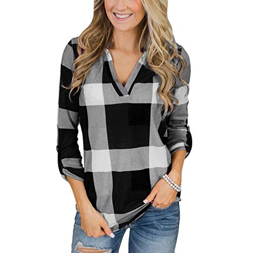Women Casual Tops V Neck Long Sleeve Plaid Shirt Loose Classic Blouse Ladies Fall Plus Size Tunic(XXXXXL,Black)