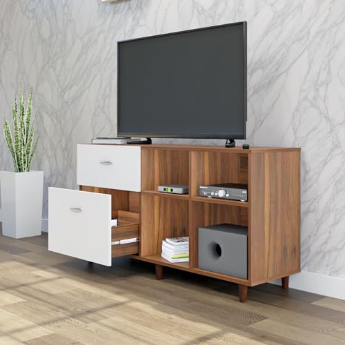 Image of VIKI Modern TV Unit for Living Room | Engineered Wood TV Cabinet with 2 Drawer Storage & 2 Open Shelves, Entertainment Unit, 140W x 74H x 40D cm | DIY | 1 Year Warranty (Walnut & White)