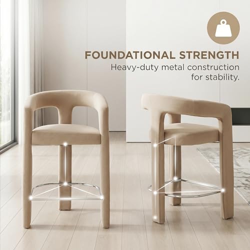 Image of HNY Modern Barrel Bar Stools Set of 3, 26 Inch Upholstered Velvet Counter Height Barstools with Open Back and Armrests, for Kitchen Island, Home Bar, Dining Room, No Assembly, Khaki