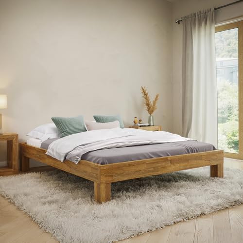 skølm Floki Massivholzbett 160x200 cm aus Eiche - hochwertiges Bettgestell - Bettrahmen ohne Bettkopf - Holzbett in Natur geölt - Bett 160x200 cm...