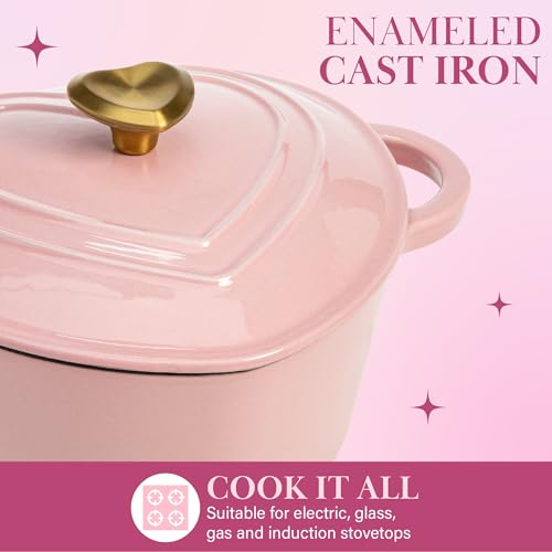 Image of Paris Hilton Enameled Cast Iron Dutch Oven Pot with Lid, Heart-Shaped Dutch Oven, Durable Cast Iron Pot with Dual Handles, Oven Safe to 500F, Works on All Stovetops, 4-Quart, Pink