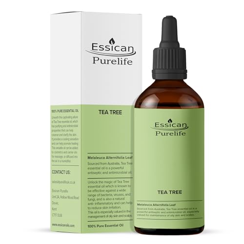Essican Purelife Premium Pure Tea Tree Oils 100ml, Natural Tea Tree Essential Oils for Skin, Nails & Itchy Scalp - Deeply Nourishing for Scalp Health, Ideal for Aromtherapy & Candle Making