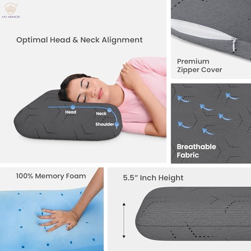 MY ARMOR Ventilated Cool Gel Memory Foam Pillow, Orthopedic Pillows for Neck Pain Relief, King Extra-Thick - 5.5 Inch Height with Grey Colour Washable Pillow Cover - Pack of 1