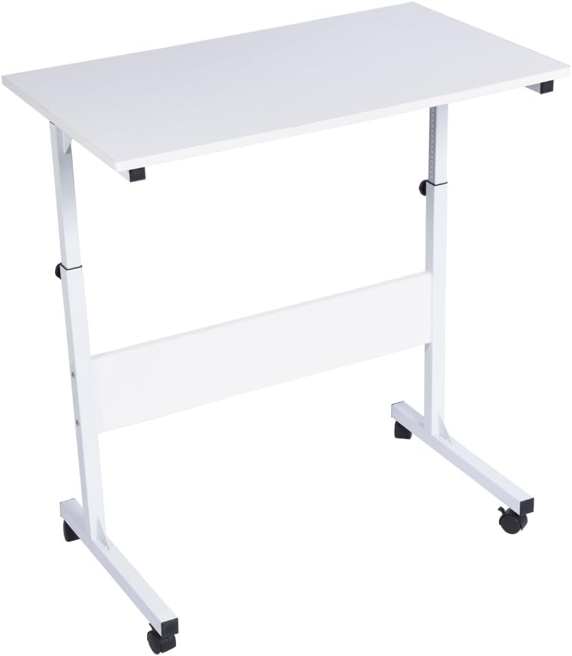 Adjustable Height Laptop Computer Desk, Movable Gaming Computer Cart Tray Side Table Study Workstation with Lockable wheels for Home and Office (White)