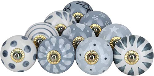 Image of Ceramic Vintage Assorted Blue Pottery Drawer, Door Knobs and Pulls Handle for Kitchen Cabinets Home Interior D�cor (10, Grey) - Pack of 10