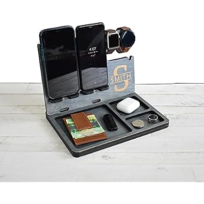 2 Phone Wooden Docking Station, Personalized desk organizer, Nightstand Docking Station, Gift for Men, Anniversary Gift, Fathers Day Gift