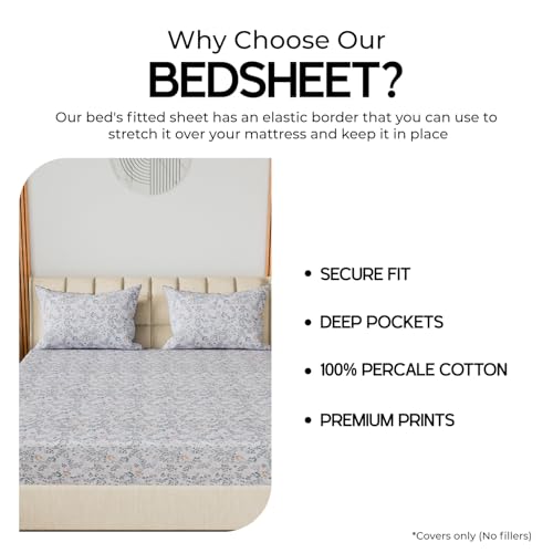 Image of LINENWALAS 100% Cotton 200 TC Queen Fitted Sheet with 2 Pillow Covers | 360 Elastic Bedsheet with 4-8 inch Deep Pocket - Soft Breathable Bedding (60x78 inch, Skylet Breeze)