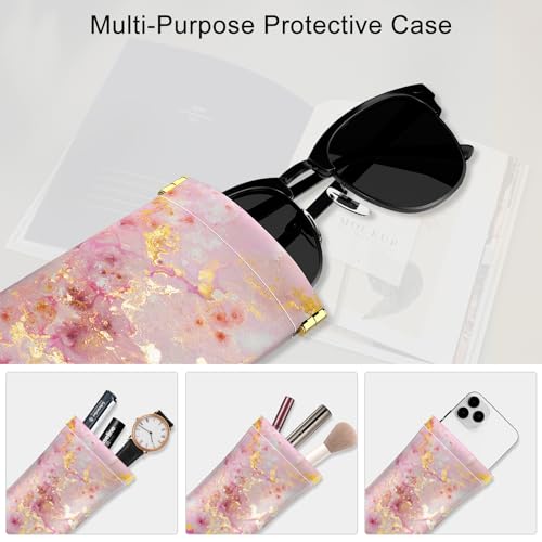 Image of 3 Pack Eyeglasses Pouch, Portable Squeeze Top Leather Sunglasses Pouch Spring Storage Glasses Case, Pink Gold Marble