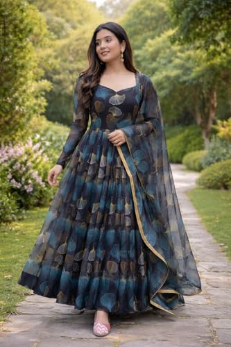 Image of Anveri Textiles Women's Printed Anarkali Gown with Dupatta | Full Sleeve Ethnic Long Dress for Wedding, Party & Festive