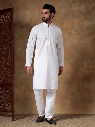 Image of Men's Solid Regular Fit Ethnic Wear White Kurta Pajama Set with Front Pocket