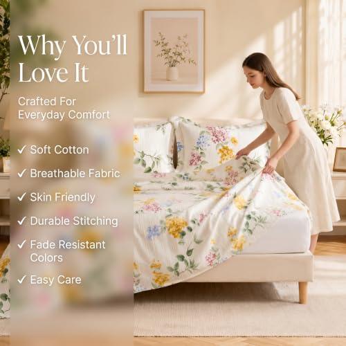 Image of SANMARINO Cloud Cotton 210 TC King Size Bedsheet with 2Pillow Covers | Ultra Soft & Breathable | Floral Design Bedding Set | Hotel-Quality Comfort for a Luxurious Sleep | 270 x 250 cm | Wildflower Mix