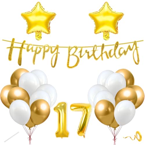 Image of Flyloons 17th Happy Birthday Decoration Kit Gold White for Boys Girls Kids Twins Men Women With 20 Pcs Chrome Balloons Birthday Banner 2 Pcs Star Items Set Golden