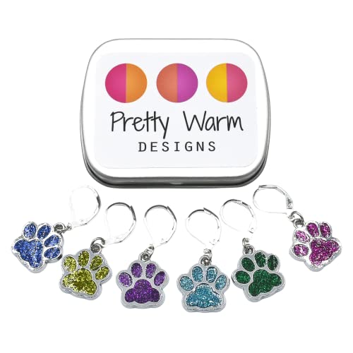 Pet Paw Glitter Locking Clips Stitch Markers Set for Crochet Knitting | Handmade by Pretty Warm Designs | Dog Cat Paws Metal Enamel Glitter Charms Removable Knit Marker Yarn Holder Accessories Gift