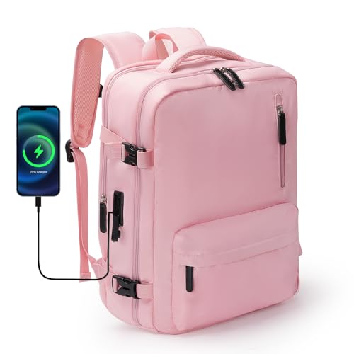 JBAOWEI Travel Backpack for Women, 15.6 Inch Laptop Backpacks with USB Charging Port, Airline Approved Casual Daypack for Personal Item Weekender Business Hiking, Pink
