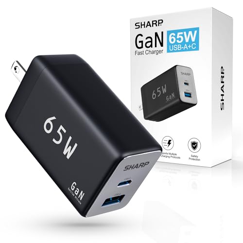 Sharp USB-C Charger, 65W, 2-Port (USB A+C), Compact Foldable GaN Fast Charge for MacBook, iPad, Galaxy S23, Dell XPS, Note 20/10+, iPhone 15/Pro and More - Black, G451A1CU-WHT