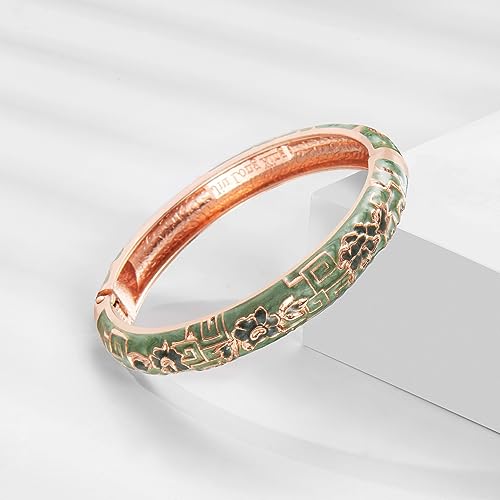UJOY Vintage Cloisonne Bracelets Flower Enameled Jewelry Gold Plated Cuff Bangle for Women Gift Box 55A35-55A114 green - Image 5