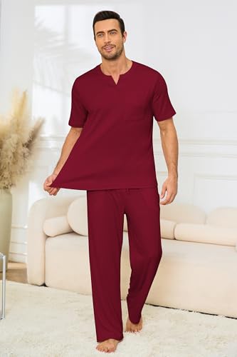 Image of JiniGolla Mens Pajamas Set Soft Short Sleeve Top and Pant Loungewear Sets 2 Piece Pjs with Pockets